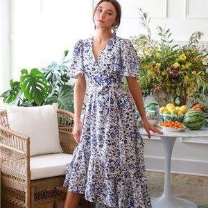 Mille Helena Wrap Dress Blue Tiger Lily Cotton Resort Floral Small Ruffle
